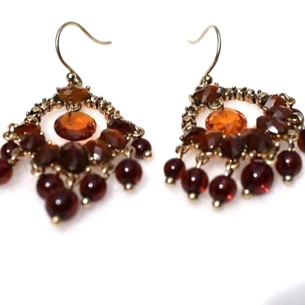 Liz Claiborne Stamped Unique Amber/Orange Beads Dangle Gold Tone Hook Earrings